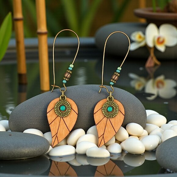 ποΈRustic Boho Chic Wooden Leaf Earrings with Copper Beads & Turquoise Charm - Picture 1 of 10